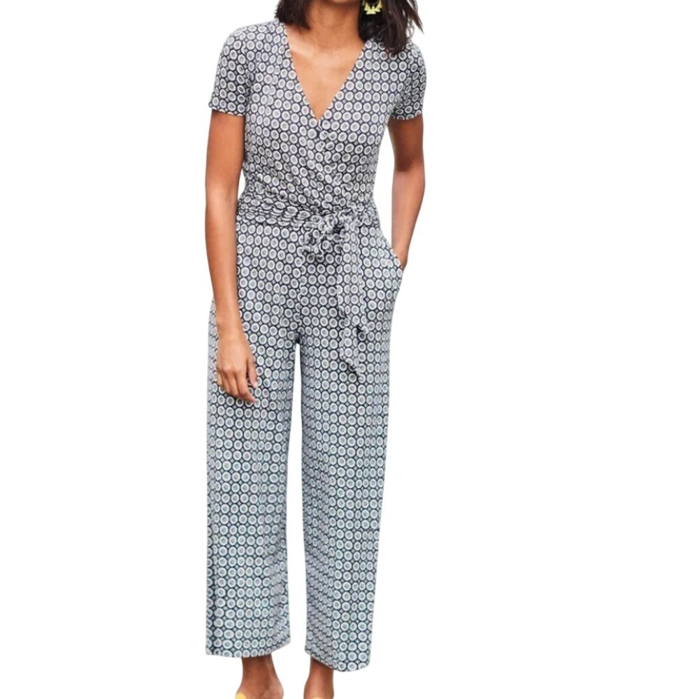 Boden Ellen Jersey Jumpsuit Navy White Print Wide Leg Size 4R